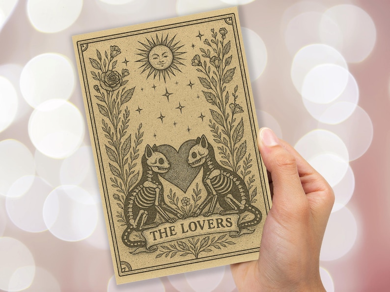 May include: A tarot card illustration featuring two skeleton cats facing each other, with a heart between them. The card has a banner that reads "THE LOVERS". The card also has a smiling sun, stars, and floral accents.