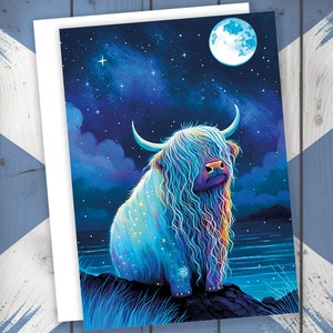 Highland Cow Birthday Card Moon Reach for the Stars Galaxy Greeting Cards Iridescent Achieve your Dreams Goals Strength Resilience Dream Big