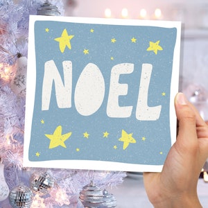 Noel handgeschreven kerstkaart blauw en geel vetgedrukte belettering citaat feestelijke groeten voor vrienden of familie 1, 5 of 10 pack set tekening