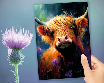 Heilan Coo Card for Scottish Friend from Scotland Artistic Pastel Drawing Art Hairy Highland Cow Lovers Cards for Scots Thank You Thanks BFF