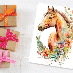 Carte alezan cheval avec fleurs guirlande florale aquarelle sur le thème équestre poney oseille cartes de voeux pour les amis et la famille