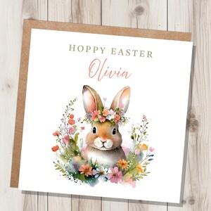 Biglietto di Pasqua per bambini con coniglietto per nipoti e figlia, personalizzato con nome, biglietto di Pasqua ecologico con corona di fiori, testo carino "Hoppy Easter"
