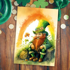 Carte de Saint-Patrick, lutin aquarelle insolent, carte de voeux de célébrations de la Saint-Patrick, arc-en-ciel Irlande, pour amis irlandais et famille