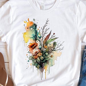 Watercolour Wildflowers T-Shirt Beautiful Loose Abstract Painting Messy Floral Design Flowers Leaves Leaf Feminine Tee Shirt for Her Women