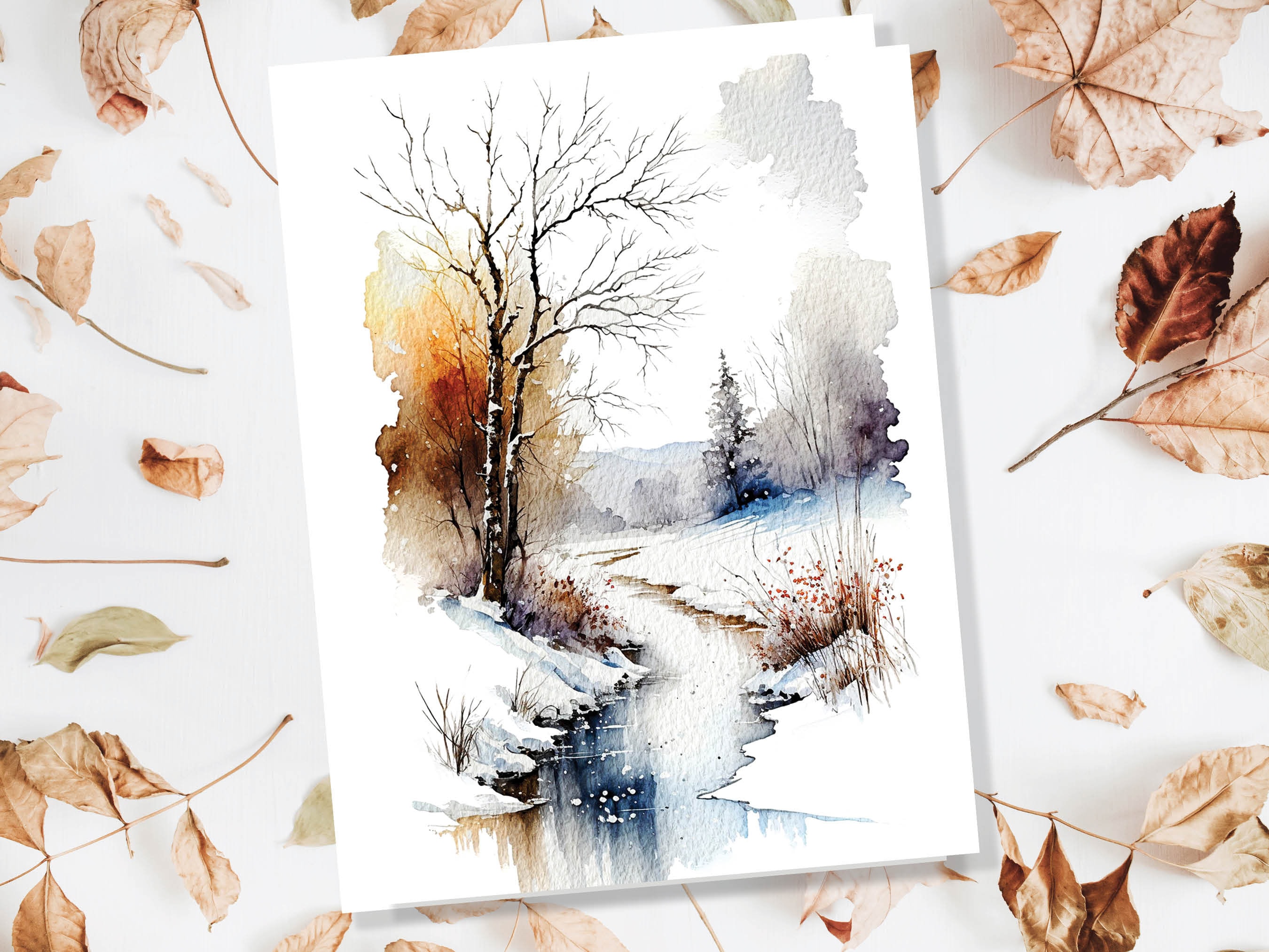Winter Landscape Card Snowy Icy River Scene Watercolour Painting Ice ...