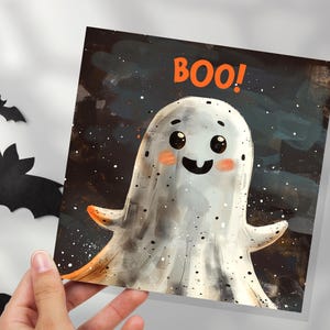 不気味な挨拶やパーティーの招待状にぴったりのかわいいゴーストハロウィンカード 家族や友人のパーティーの招待状にぴったりのグランジ「ブー！」デザイン