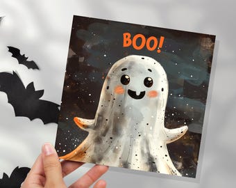 Bonita tarjeta de Halloween con fantasmas para saludos espeluznantes o invitaciones a fiestas. Diseño grunge "¡Buu!" para invitaciones a fiestas de familiares y amigos.