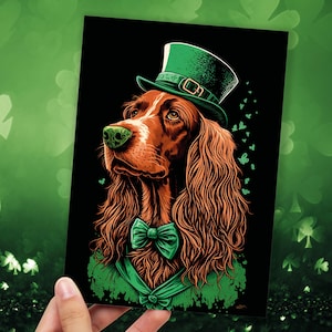Irish Setter Leprechaun Card Good Luck from Ireland Illustration St. Patrick&#39;s Day Greetings Cute Dog Lovers Dapper Suit Happy Birthday Pup