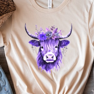 Highland Cow Shirt Hairy Scottish Heilan Coo with Purple Flowers in her Hair Watercolour Art T-Shirt Nature Scotland Gift Floral Crown Tee