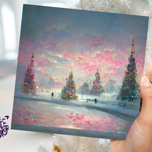 Biglietto di auguri natalizio pastello, scena invernale, paesaggio impressionista, neve, sfumature di rosa, verde acqua e viola, confezione da 1, 5 o 10, saluti, amici, Natale 2025