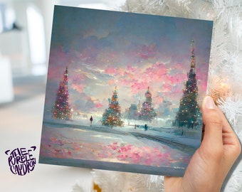 Pastel Christmas Card Winter Scene Impressionist Landscape Snow Shades of Pink, Teal, & Purple 1, 5, or 10 Pack Greetings Friends Xmas 2023