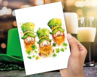 Cute Irish Leprechauns with Ginger Beards St Patricks Day Lucky Irish Gnomes Watercolour Ireland Themed Greeting Cards for Family & Friends