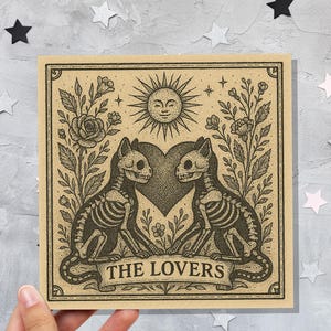 de chat squelette de tarot d'amants | Cadeau Saint-Valentin d'anniversaire de sorcière gothique | Art romantique sombre | Witchcore, illustration unique d'amour macabre