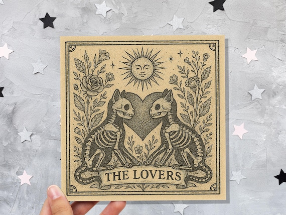 Lovers Tarot Skeleton Cat Card | Gothic Witchy Anniversary Valentine Gift | Dark Romance Art | Unique Macabre Love Illustration Witchcore