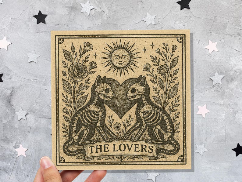 Lovers Tarot Skeleton Cat Card | Gothic Witchy Anniversary Valentine Gift | Dark Romance Art | Unique Macabre Love Illustration Witchcore image 1