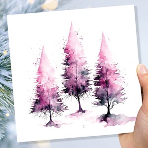 Paarse aquarel bomen kerstkaart moderne elegante dennenboom roze witte eenvoudige inkt schilderij wenskaarten voor familie vrienden Kerstmis 2025