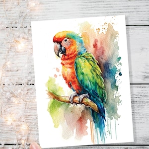 Tropische papegaai kaart kleurrijke aquarel zomer exotische ara vogel veilige reizen nieuw avontuur verlaten geluk reiziger Bon Voyage