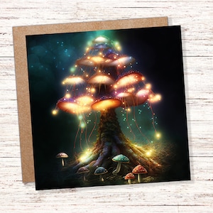 Bunte magische Pilz-Baum-Karte Teal Gold Magic Glow Fairycore Fairytale-Lichterkette Einzigartiges wunderliches für Familie Freunde BFF Weihnachten