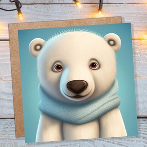 IJsbeerkaart Schattige lichtblauwe en witte babywinterwelp met sjaalontwerp Wenskaarten voor familie Beste vrienden Kerstmis 2025 bedankt