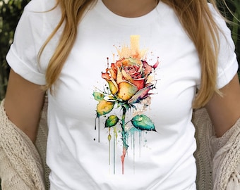 Camiseta rosa con acuarela abstracta, romántica, con tatuajes, pintura gótica, grunge, femenina, rosa, roja, flor, cuento de hadas, unisex, para mujer