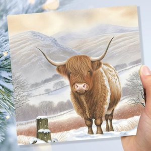 Aquarel hooglandkoe kaarten Schotse Hooglanden wintersneeuwlandschap bergen heuvels schilderij kaart voor familie vriend Kerstmis 2025 bedankt Coo