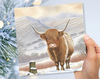 Watercolour Highland Cow Cards Scottish Highlands Winter Snow Scene Mountains Hills Painting Card For Family Friend Xmas 2025 Thank You Coo