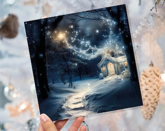 Magical Winter Christmas Card with Cosy Fairy Lights Snow Blue Whimsical Woodland Cottage Path Greetings Cards For Family Friends Xmas 2025