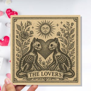 Lovers Tarot Skeleton Cat Card | Gothic Witchy Anniversary Valentine Gift | Dark Romance Art | Unique Macabre Love Illustration Witchcore image 6