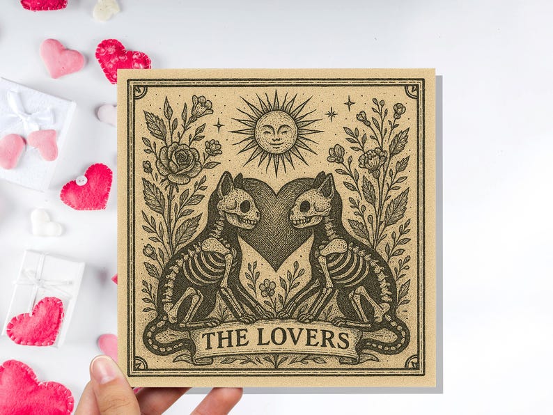Lovers Tarot Skeleton Cat Card | Gothic Witchy Anniversary Valentine Gift | Dark Romance Art | Unique Macabre Love Illustration Witchcore image 6