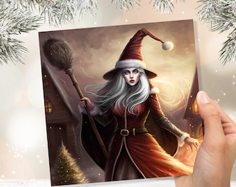 Könnte beinhalten: Eine Frau in einem rot-weißen, vom Weihnachtsmann inspirierten Outfit hält einen Besen und trägt einen spitzen Hut mit weißem Besatz. Sie hat langes weißes Haar und einen ernsten Ausdruck. Der Hintergrund ist eine Schneelandschaft mit einem kleinen Weihnachtsbaum und Häusern.