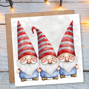 Cute Gonk Gnomes Christmas Card Red Blue White Watercolour Painting Pointy Hats and Beards Greetings Cards For Family Best Friends Xmas 2025
