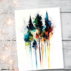 Carte d'arbre abstrait aquarelle Pins d'art colorés, peinture d'arbres de la forêt, amoureux de la nature, cartes de voeux pour toutes les occasions, merci BFF