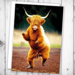 Danse drôle Célébration de la vache des Highlands Bravo, danse de la victoire Félicitations l'obtention du diplôme Célébrer son nouvel emploi Félicitations l'écossais Heilan Coo BFF