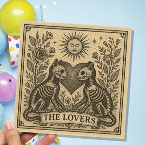 Lovers Tarot Skeleton Cat Card | Gothic Witchy Anniversary Valentine Gift | Dark Romance Art | Unique Macabre Love Illustration Witchcore image 5