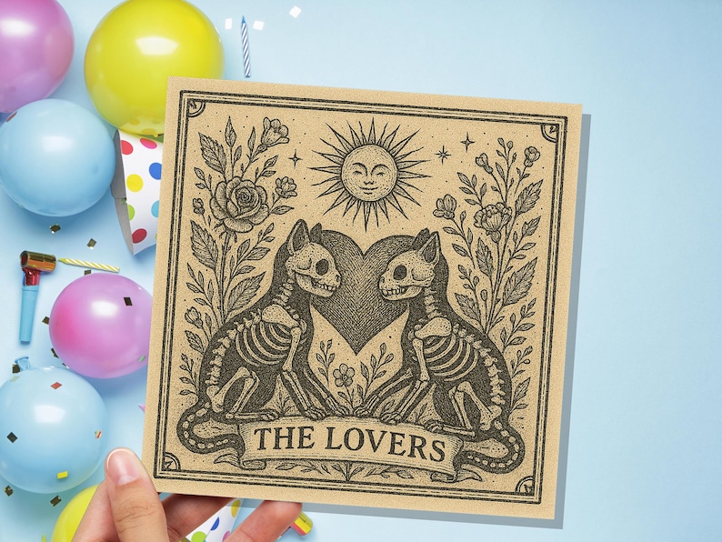 Lovers Tarot Skeleton Cat Card | Gothic Witchy Anniversary Valentine Gift | Dark Romance Art | Unique Macabre Love Illustration Witchcore image 5