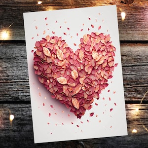 Tarjeta de San Valentín con corazón rosa y pétalos de rosa románticos para bodas, compromisos, aniversarios, matrimonios, esposas, novias y esposos, tarjetas de felicitación de amor