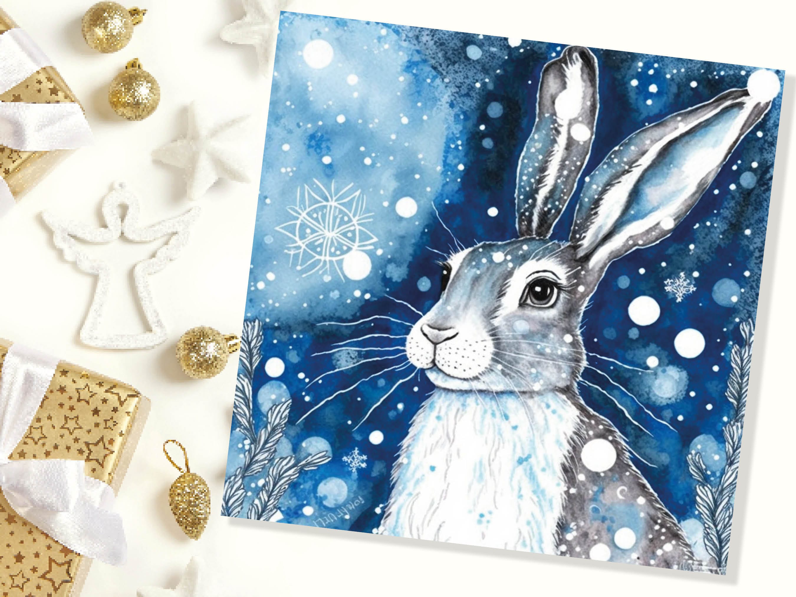 Winter Hare Beautiful Greetings Cards Blue Watercolour Snow Scene Snowy ...
