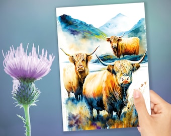 Watercolor Highland Cow Greeting Card Summer Landscape Nature Lovers Cow Enthusiasts Scottish Countryside Birthday Thank You Just Because