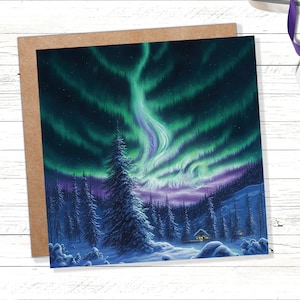 Biglietto d'auguri per la notte invernale, aurora boreale, capanna, foresta, scena innevata, verde, blu, viola, aurora boreale, biglietti per la famiglia, amici, Natale, 23 grazie, amore