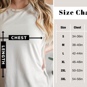 May include: Size chart for a t-shirt with measurements in inches for chest and length. Sizes include S, M, L, XL, 2XL, and 3XL.