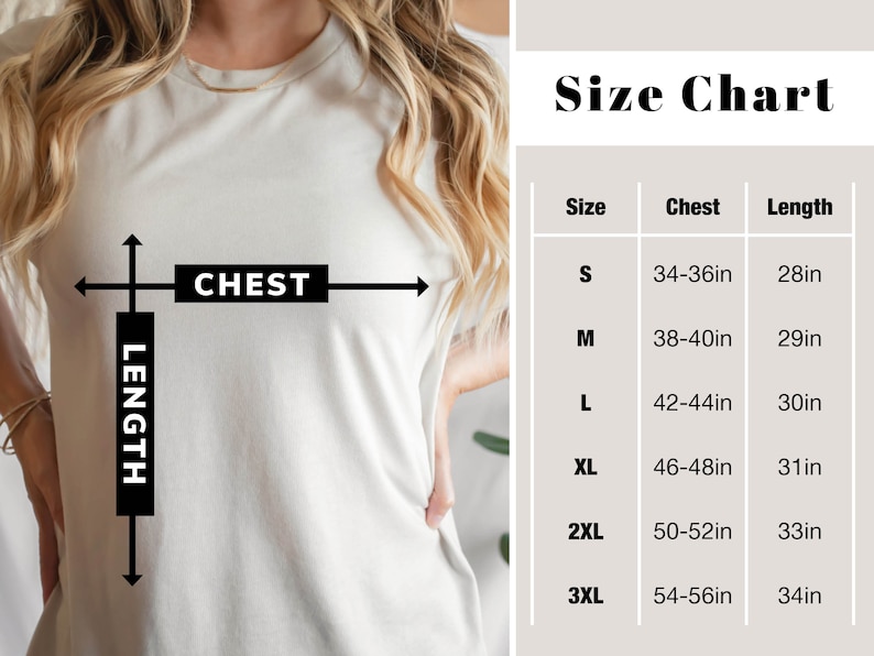 May include: Size chart for a t-shirt with measurements in inches for chest and length. Sizes include S, M, L, XL, 2XL, and 3XL.