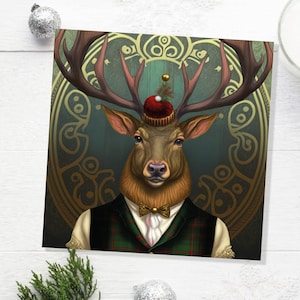 Tarjeta de ciervo elegante con traje y sombrero escocés de tartán. Tam o' Shanter, tarjetas de felicitación escocesas para familiares, mejores amigos, Navidad 2025, agradecimiento.