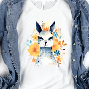 Llama T-shirt Cute Watercolour Shirt Unique Urban Boho Style Blue with Orange Flowers Art Artistic Golden City Skyline Floral Geometric Tee