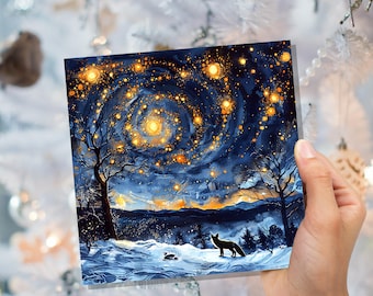 Carte de vœux de Noël nordique vintage « Renard d'hiver sous les étoiles » : Scène cosmique en forêt, paysage enneigé et mystérieux.