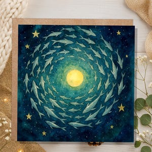 Carte de voeux poisson lune, ciel étoilé, Art aquarelle, anniversaire spirituel céleste, païen, sorcière, carte d'anniversaire pour toute occasion