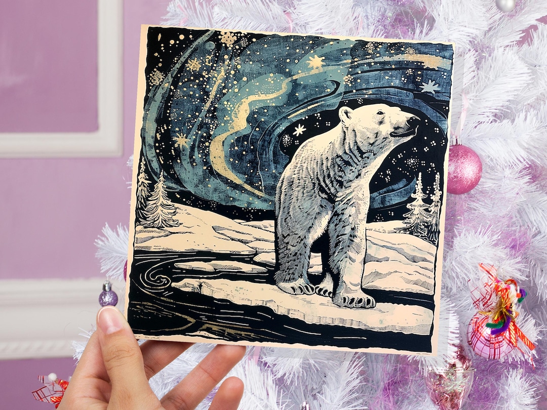 Polar Bear Northern Lights Christmas Card Unique Magical Night Sky ...