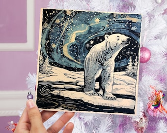 Polar Bear Northern Lights Christmas Card Unique Magical Night Sky Vintage Blue White Whimsical Winter Scene For Family Friends Xmas 2025