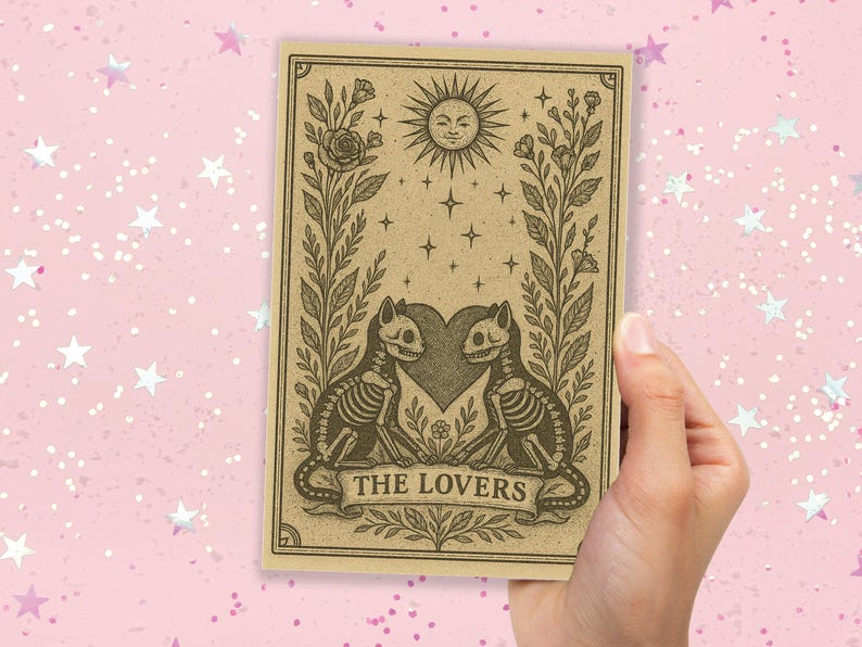 May include: A tarot card featuring a sepia-toned illustration of two skeleton cats facing each other, with a heart between them. The card has a sun with a smiling face, stars, and the text "THE LOVERS".