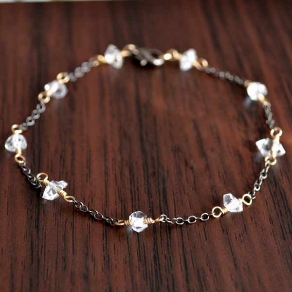 Dainty Herkimer Diamond Bracelet, Gold and Black Gunmetal, Mixed Metals, Clear Quartz Nugget, Gemstone Jewelry