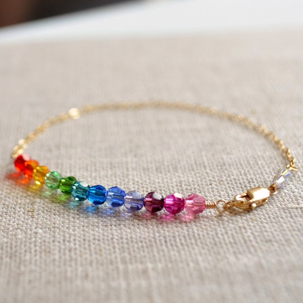 Delicate Rainbow Bracelet, Swarovski Crystal, Colorful Beads, Fun Whimsical Dainty, Sterling Silver or Gold Filled Jewelry